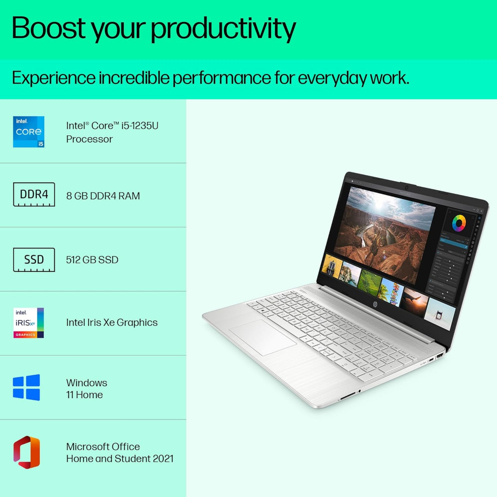 Hp 15s  Intel core i5 12th generation  8gb ram 512gb ssd /FHD/15.6" (39.6 cm)/Windows 11/MS Office/Backlit Keyboard/Silver