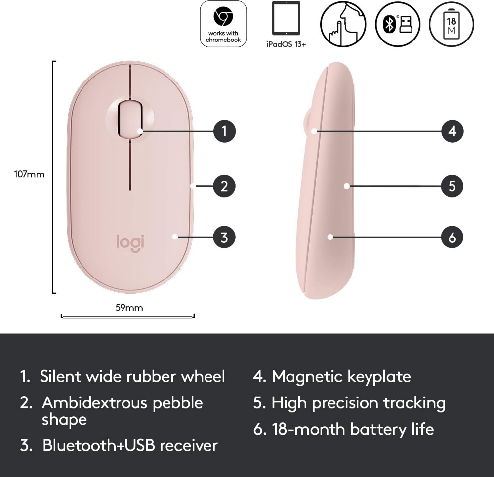 Logitech Pebble M350 Wireless Mouse with Bluetooth or USB, Pink