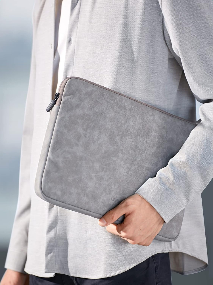 UGREEN 13.3 Inch Laptop Case PU Suede Leather Soft Padded Zipper Cover Sleeve Case Compatible with MacBook Air/ Pro  Water Resistant Bag Protective Briefcase, Gray image 8