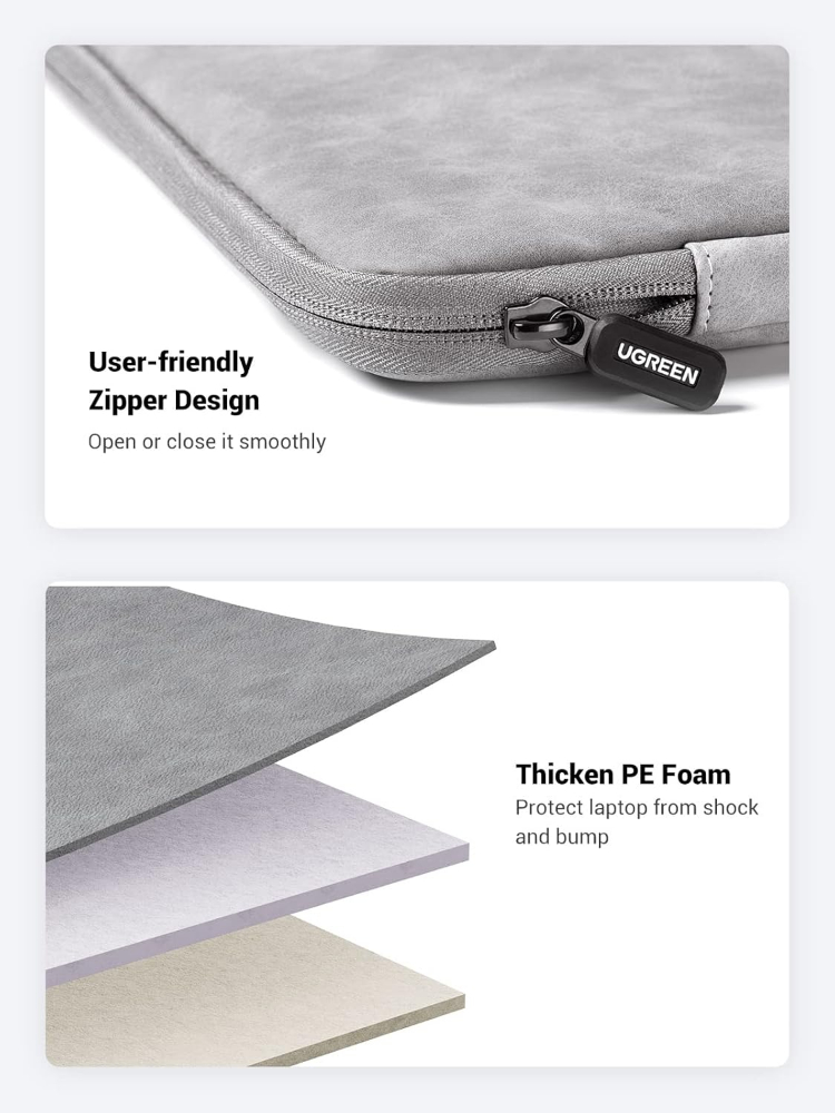 UGREEN 13.3 Inch Laptop Case PU Suede Leather Soft Padded Zipper Cover Sleeve Case Compatible with MacBook Air/ Pro  Water Resistant Bag Protective Briefcase, Gray image 6