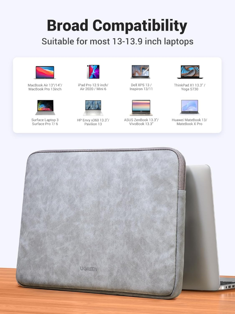 UGREEN 13.3 Inch Laptop Case PU Suede Leather Soft Padded Zipper Cover Sleeve Case Compatible with MacBook Air/ Pro  Water Resistant Bag Protective Briefcase, Gray image 4