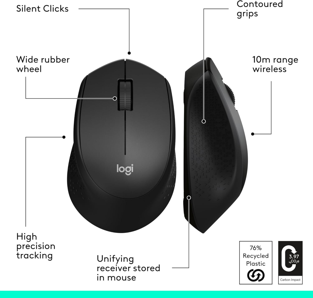 Logitech M330 SILENT Wireless Mouse, 2.4GHz with USB Receiver, Optical Tracking, Quiet & Lightweight, Long Battery Life,- Black