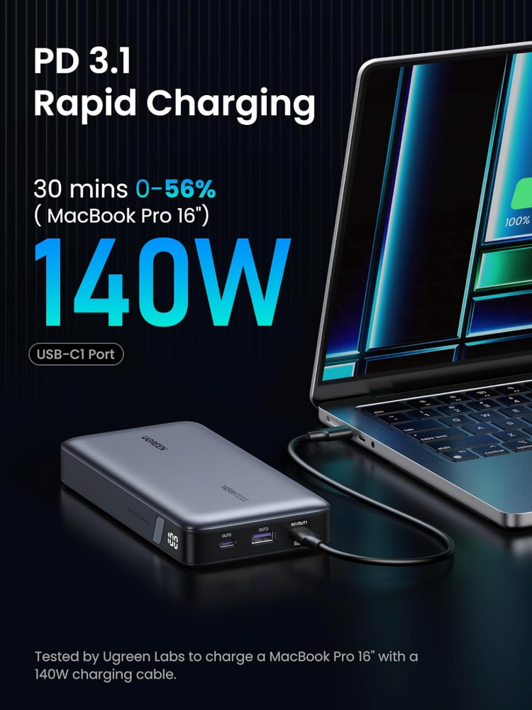 UGREEN Power Bank 25,000mAh 145W Laptop Portable Charger, Nexode 3-Port USB C PD Battery Pack, for MacBook Pro/Air, Dell XPS, iPhone 16/15/14, Galaxy S24, Steam Deck, iPad, and More image 2