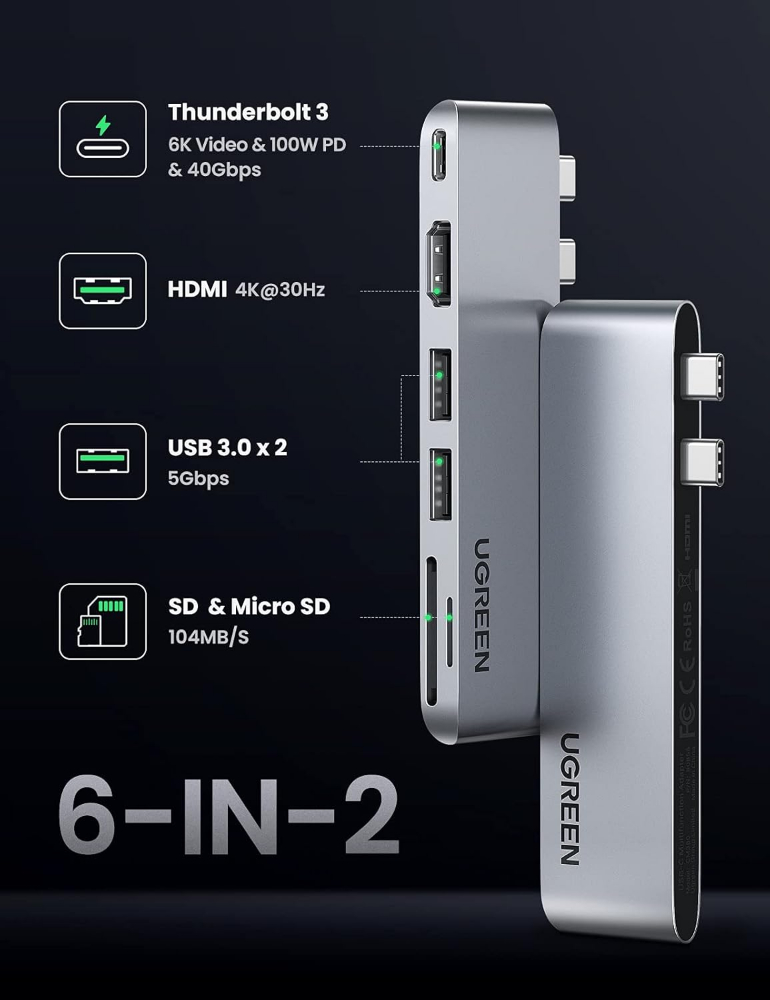 UGREEN 6 in 2 4K HDMI USB C Hub Adapter Compatible with MacBook Pro Air M2 M1 2022 to 2016, Multiports USB 3.0 5Gbps, Thunderbolt 3 6K Video, 100W PD, 40Gbps Transmission, SD TF Card Reader image 2