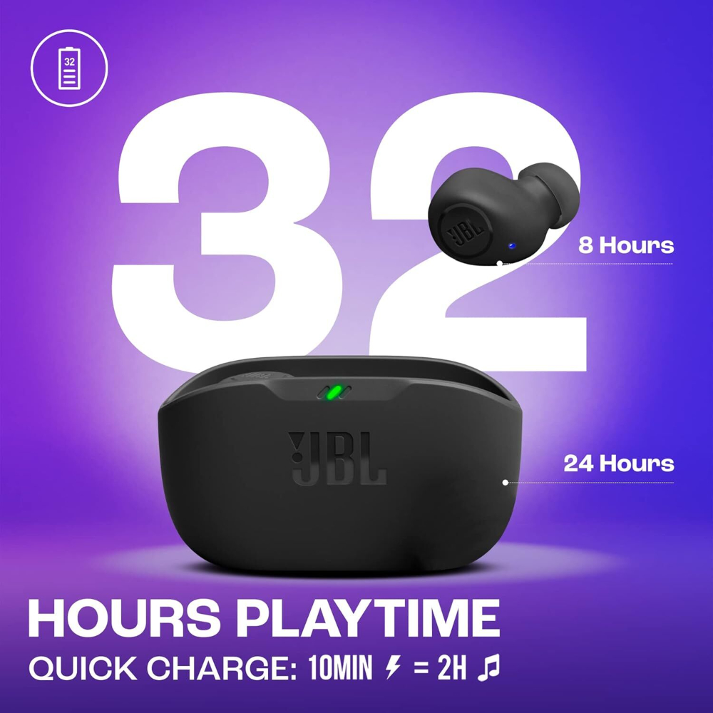 JBL Wave Buds In-Ear Wireless Earbuds with IP54 and IPX2 Waterproofing, Powerful Bass and 32-Hour Battery Life, Black