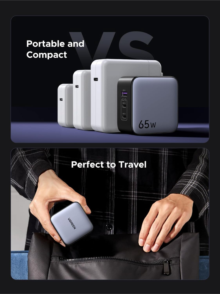 UGREEN 65W USB C Travel Adapter, Foladable Fast GaN Charger with US/UK/EU 3 Plugs, 3-Port International Power Adapter image 4