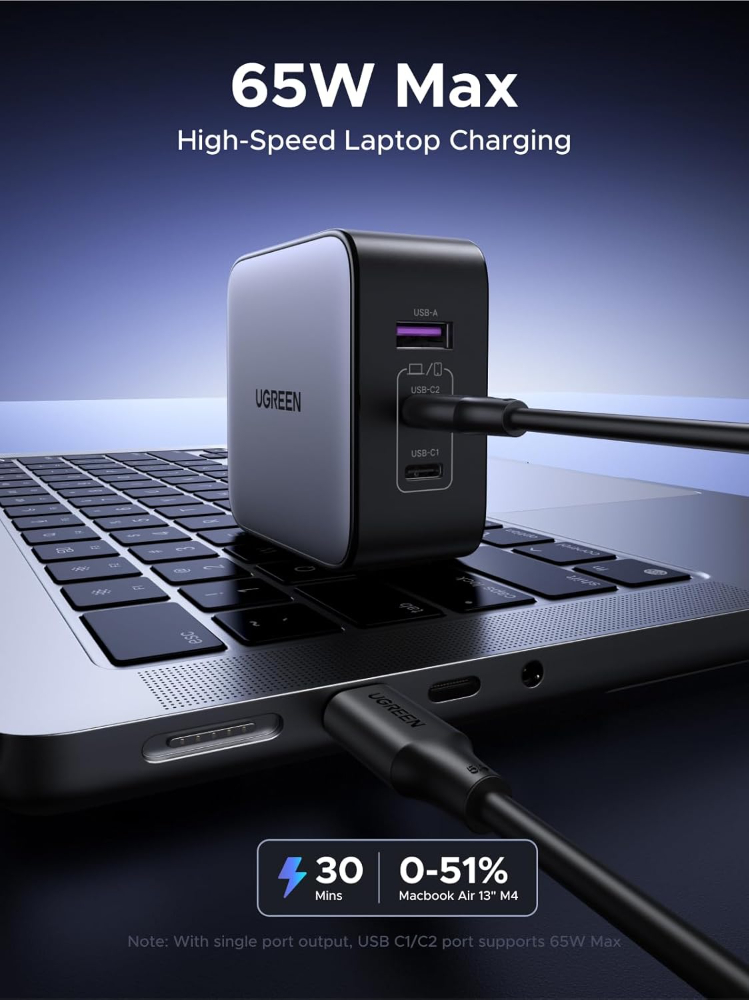 UGREEN 65W USB C Travel Adapter, Foladable Fast GaN Charger with US/UK/EU 3 Plugs, 3-Port International Power Adapter image 2