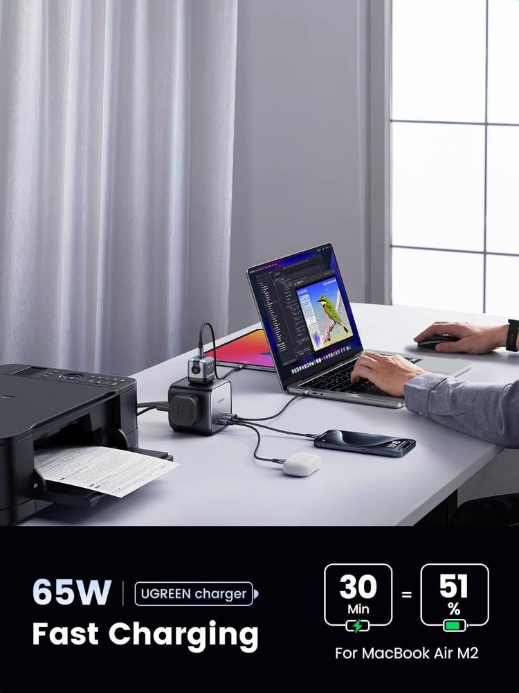 UGREEN 65W Power Strip DigiNest Cube GaN Extension Lead with USB C Slots, 7-in-1 Charging Station with 3 AC Outlets, 2 USB C, 2 USB A, 1.8M Extender Cord image 3