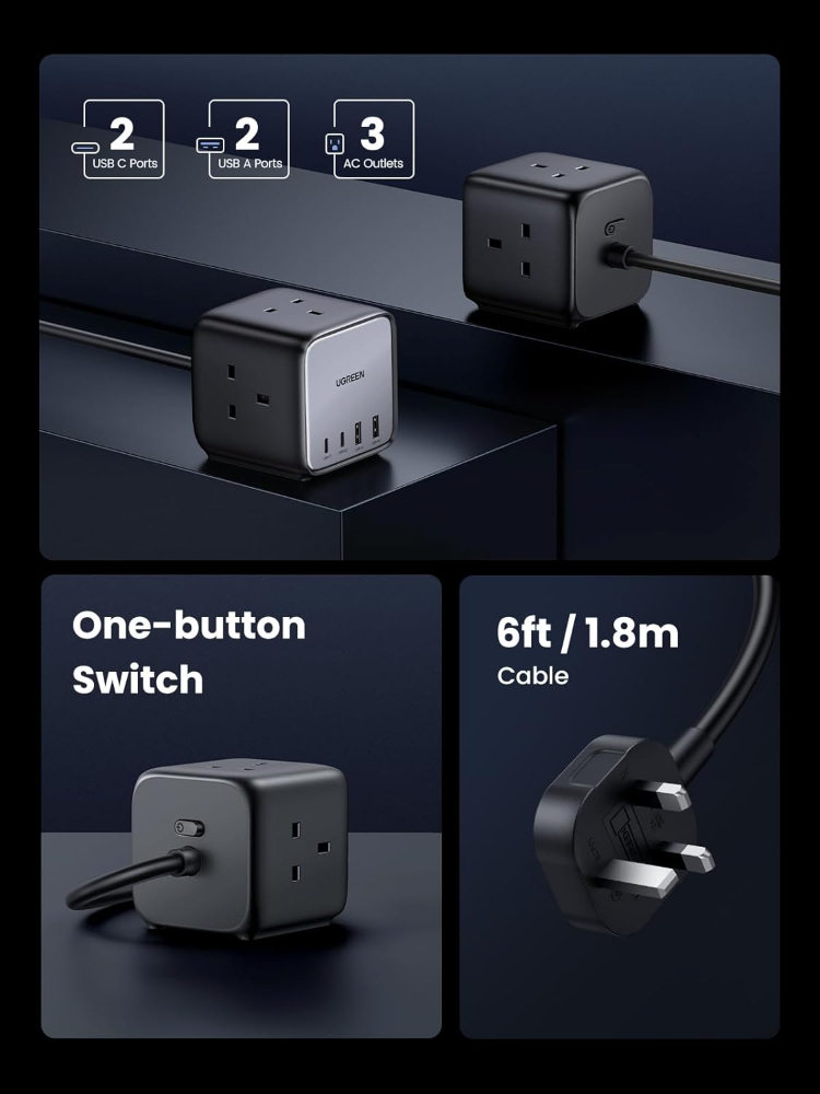UGREEN 65W Power Strip DigiNest Cube GaN Extension Lead with USB C Slots, 7-in-1 Charging Station with 3 AC Outlets, 2 USB C, 2 USB A, 1.8M Extender Cord image 2