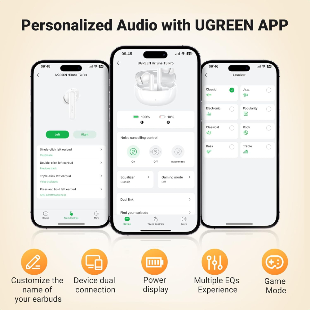 UGREEN HiTune T3 Active Noise Cancelling Wireless Earbuds Bluetooth 5.2, AI-Enhanced Clear Calls image 4