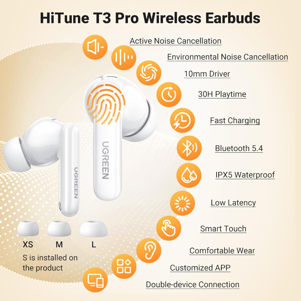 UGREEN HiTune T3 Active Noise Cancelling Wireless Earbuds Bluetooth 5.2, AI-Enhanced Clear Calls image 2