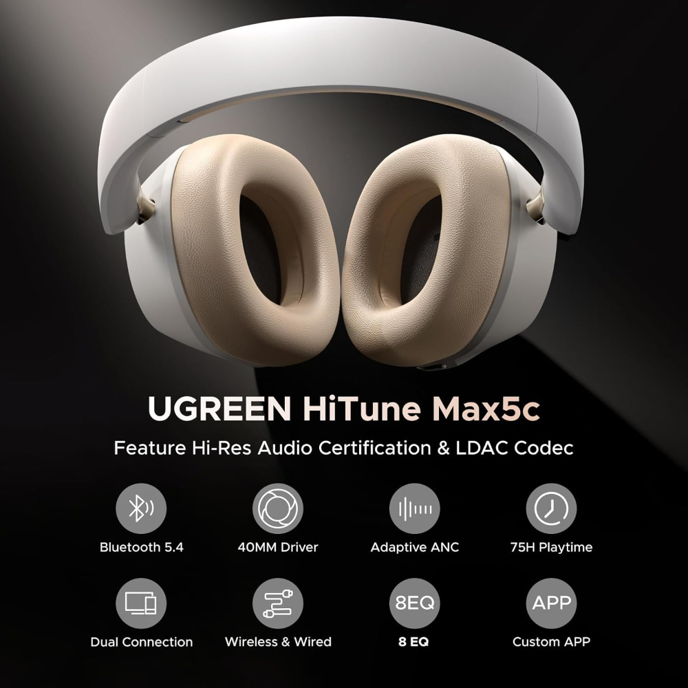 UGREEN Wireless Headphones Hybrid Active Noise Cancelling Bluetooth 5.4 ANC Over Ear Earphone with Hi-Res LDAC & Spatial Sound,Big Bass,EQ in App,75H Playtime image 2
