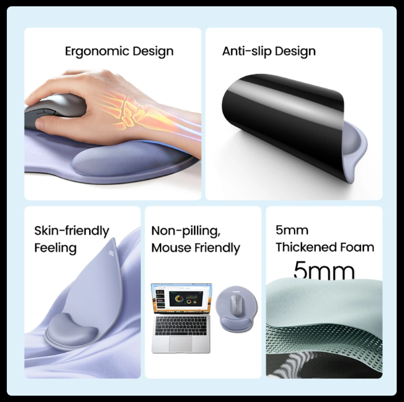 UGREEN Ergonomic Mouse Pad with Gel Wrist Support – Anti-Slip (Green, Grey & Black)
