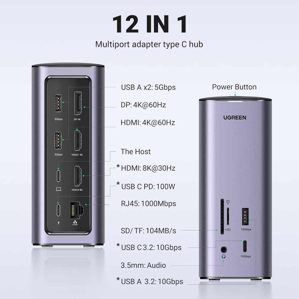 UGREEN USB C Docking Station,12-in-1 Dock Triple Display Monitor, HDMI DP 4k(8K Max), 10 Gbps USB-C and USB A, Ethernet, Audio, SD/TF, 100W Charging for MacBook and More