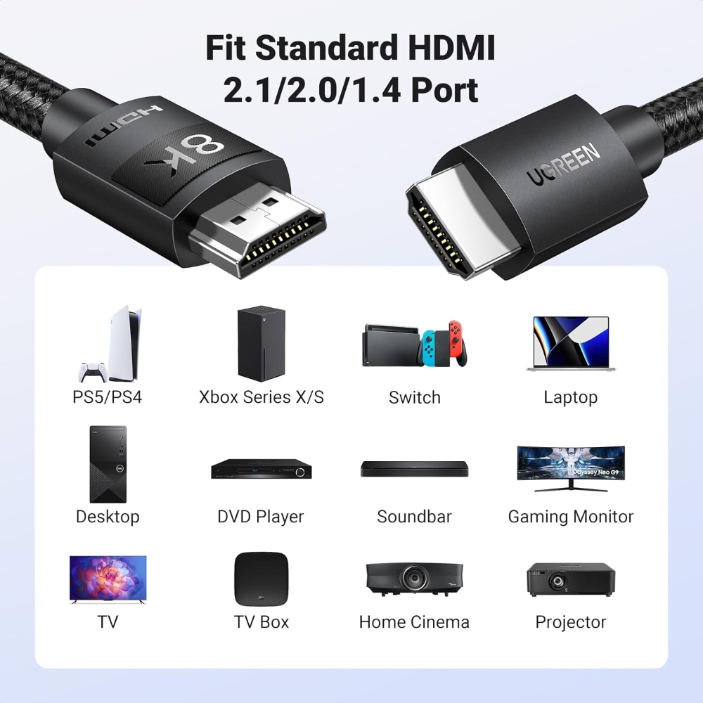 UGREEN HDMI 2.1 Cable Certified 8K 3M Ultra High Speed HDMI Cord Braided 48Gbps 4K@240Hz 10K@60Hz with Dynamic HDR eARC Dolby Atmos HDCP image 4