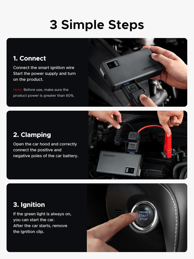 UGREEN Jump Starter Power Pack 1000A Car Battery Booster for 6.0L Gasoline and 3.5L Diesel Engines 12000mAh Portable Power Bank and Jump Leads with Digital Screen and LED Light for Emergency image 6