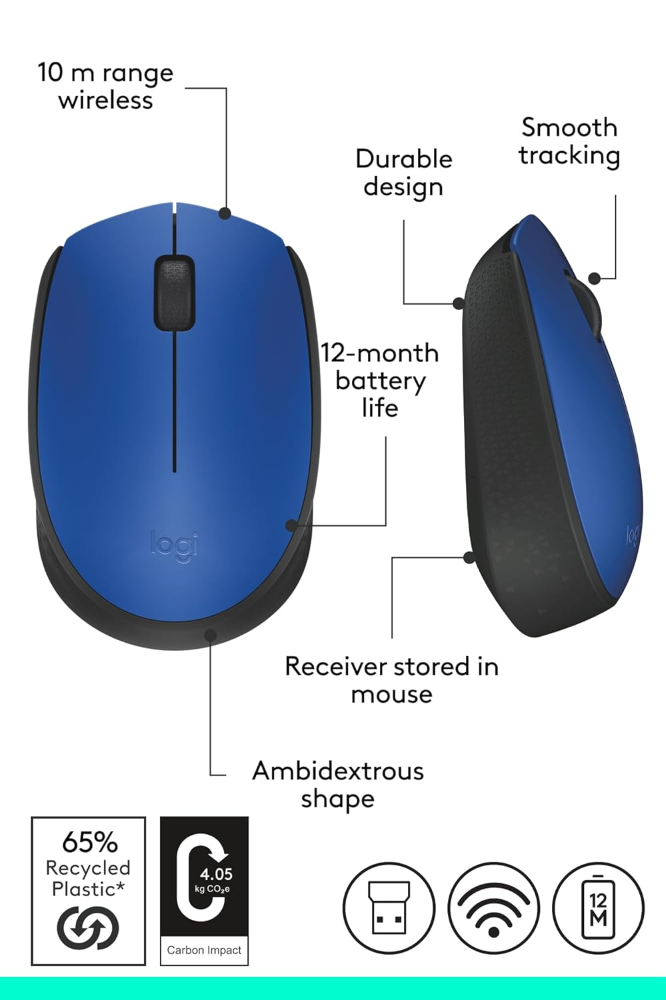Logitech M171 Wireless Mouse, 2.4 GHz with USB Nano Receiver, Optical Tracking, 12-Months Battery Life, Ambidextrous, PC/Mac/Laptop - Blue
