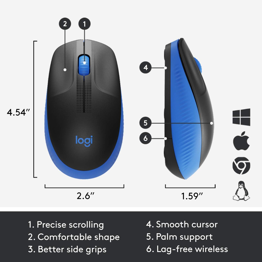 Logitech Wireless Mouse M191 Full Size Ambidextrous Curve Design, 18 Month Battery With Power Saving Mode, Precise Cursor Control & Scrolling, Wide Scroll Wheel, Thumb Grips Blue