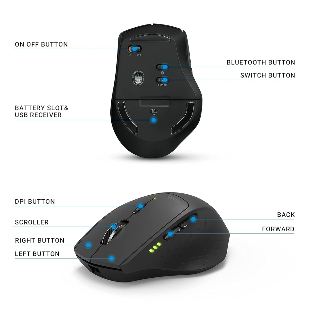 Rapoo MT550 Multi-Device Bluetooth Mouse, Connect to 4 Different Devices, 4 Adjustable DPI, Ergonomic Comfortable Use, 12 Month Long Battery Life, for Computer Laptop Tablets Phones, Black
