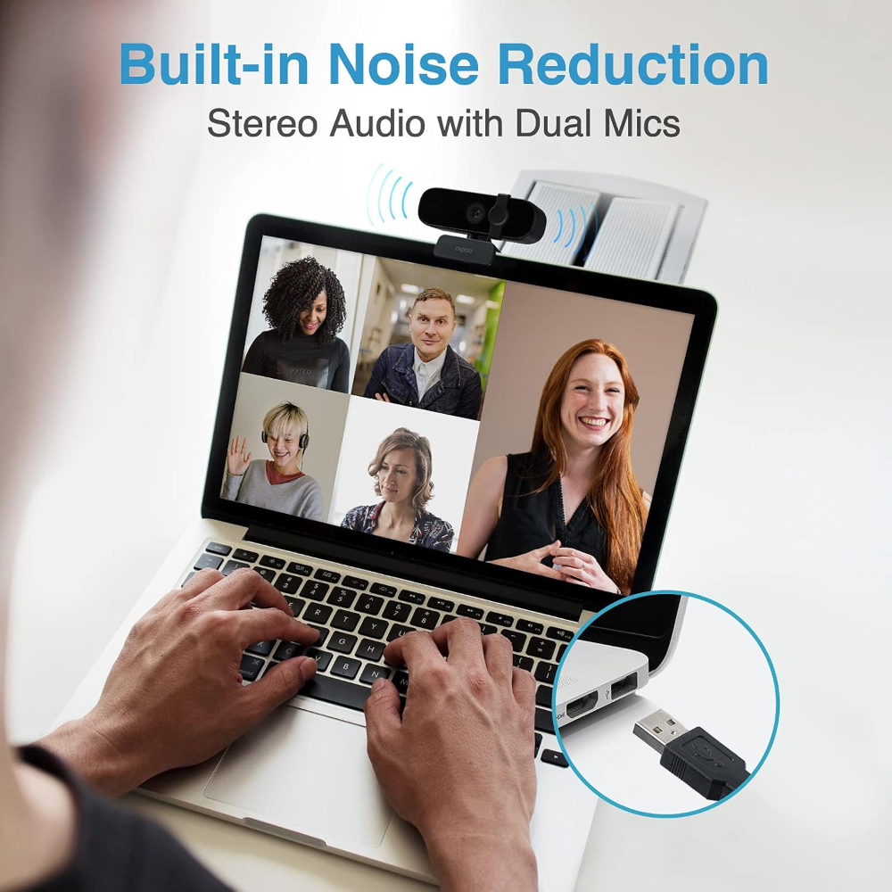 RAPOO C280 Web Camera With 2K Sharp & Clear Images, Privacy Cover, Built In Omni Directional Microphone, Wide Angle Lens, Flexible Rotation & USB Plug & Play For Zoom/Skype/Google Hangouts/Face Time/Laptop & PC