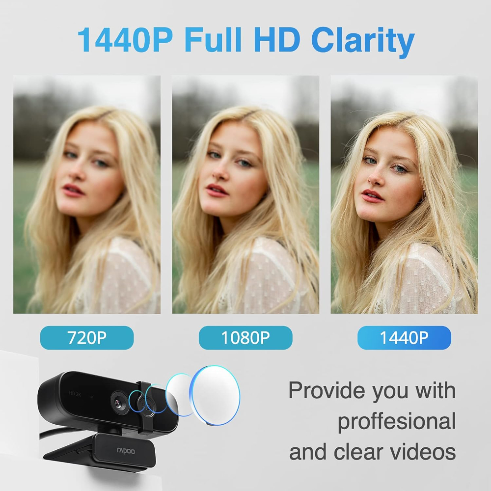 RAPOO C280 Web Camera With 2K Sharp & Clear Images, Privacy Cover, Built In Omni Directional Microphone, Wide Angle Lens, Flexible Rotation & USB Plug & Play For Zoom/Skype/Google Hangouts/Face Time/Laptop & PC
