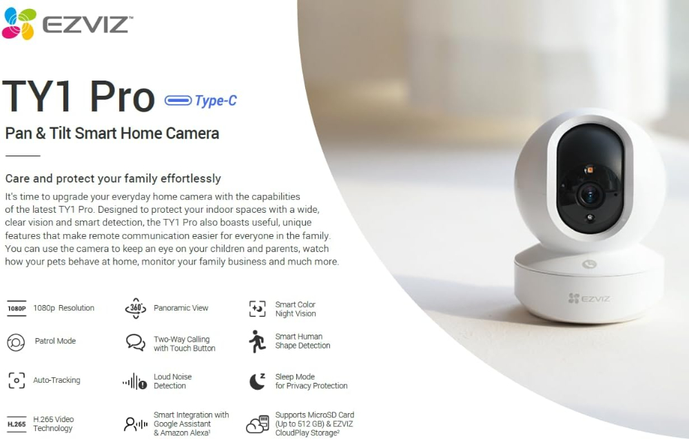 EZVIZ TY1 PRO 2K Indoor AI PT WiFi One-touch Call/Patrol Security Camera