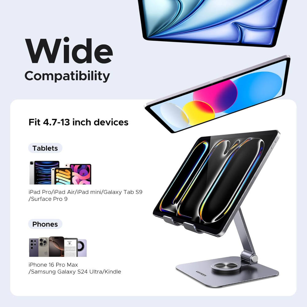 UGREEN Rotary Desk Cell Phone Stand with Height Adjustment – 360° Rotating Aluminum Smartphone Holder, Adjustable & Foldable for Desk & Office image 5