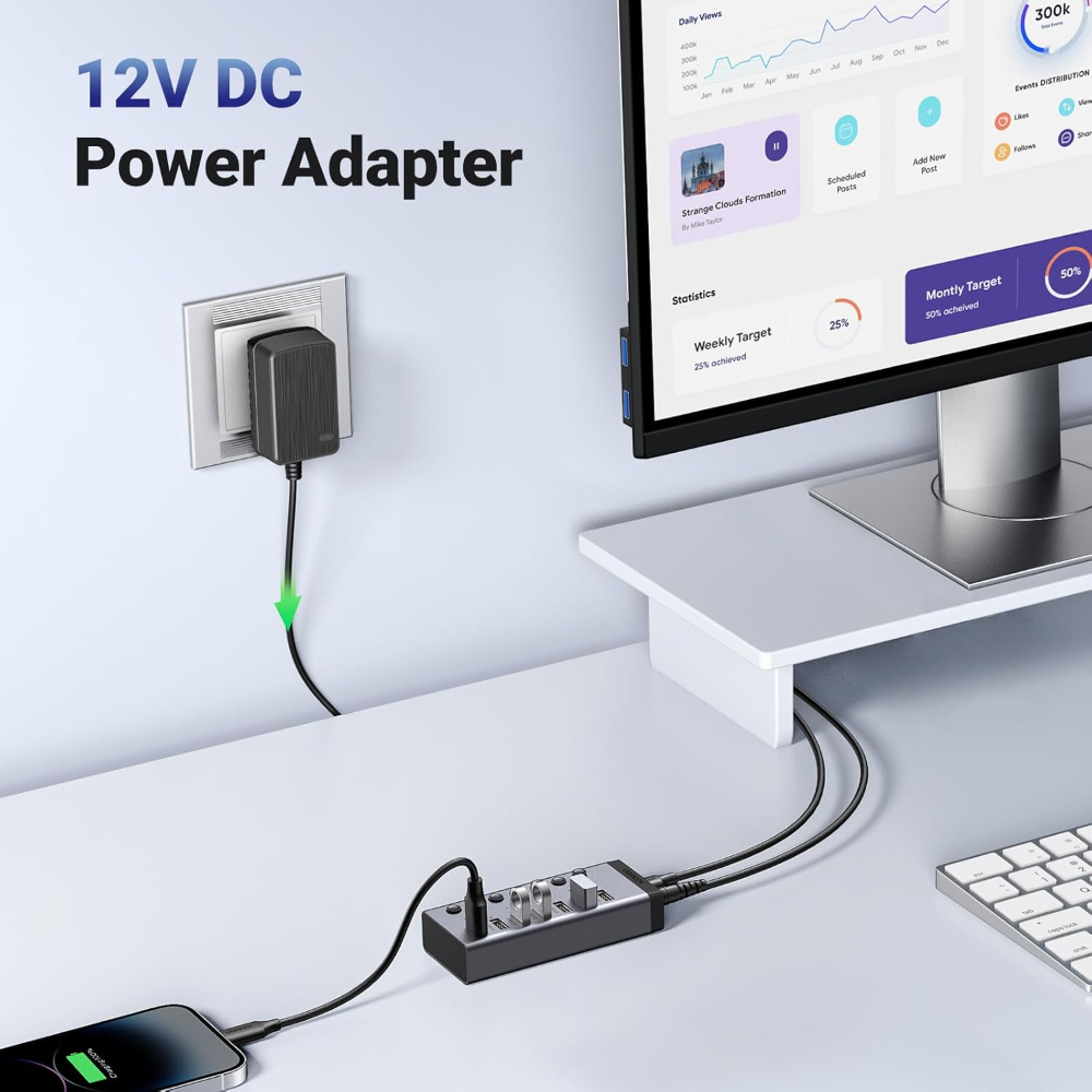UGREEN Powered USB Hub 3.0, 7-Port USB Adapter with 4 Smart Charging Ports, USB Splitter with Individual Led On/Off Switches and Power Adapter, USB Ports Extender for Laptop PC image 7