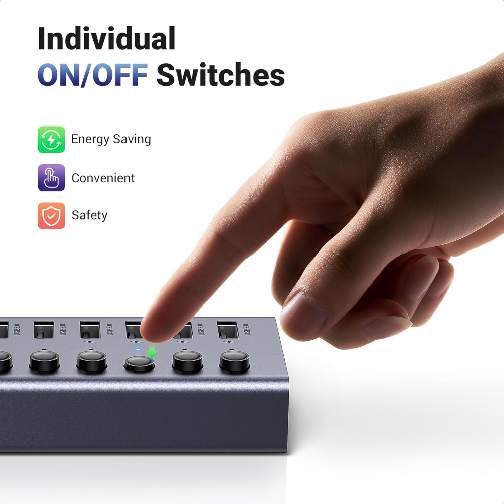 UGREEN Powered USB Hub 3.0, 7-Port USB Adapter with 4 Smart Charging Ports, USB Splitter with Individual Led On/Off Switches and Power Adapter, USB Ports Extender for Laptop PC image 6
