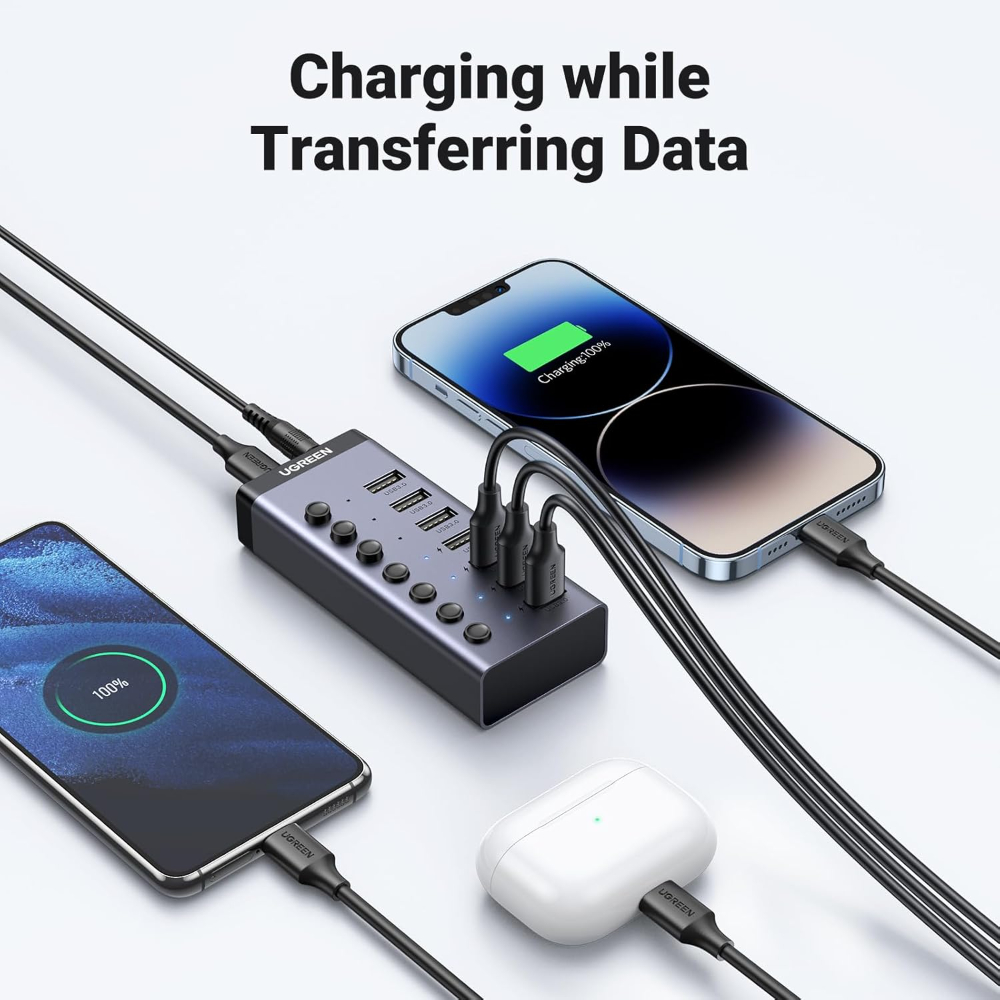 UGREEN Powered USB Hub 3.0, 7-Port USB Adapter with 4 Smart Charging Ports, USB Splitter with Individual Led On/Off Switches and Power Adapter, USB Ports Extender for Laptop PC image 5