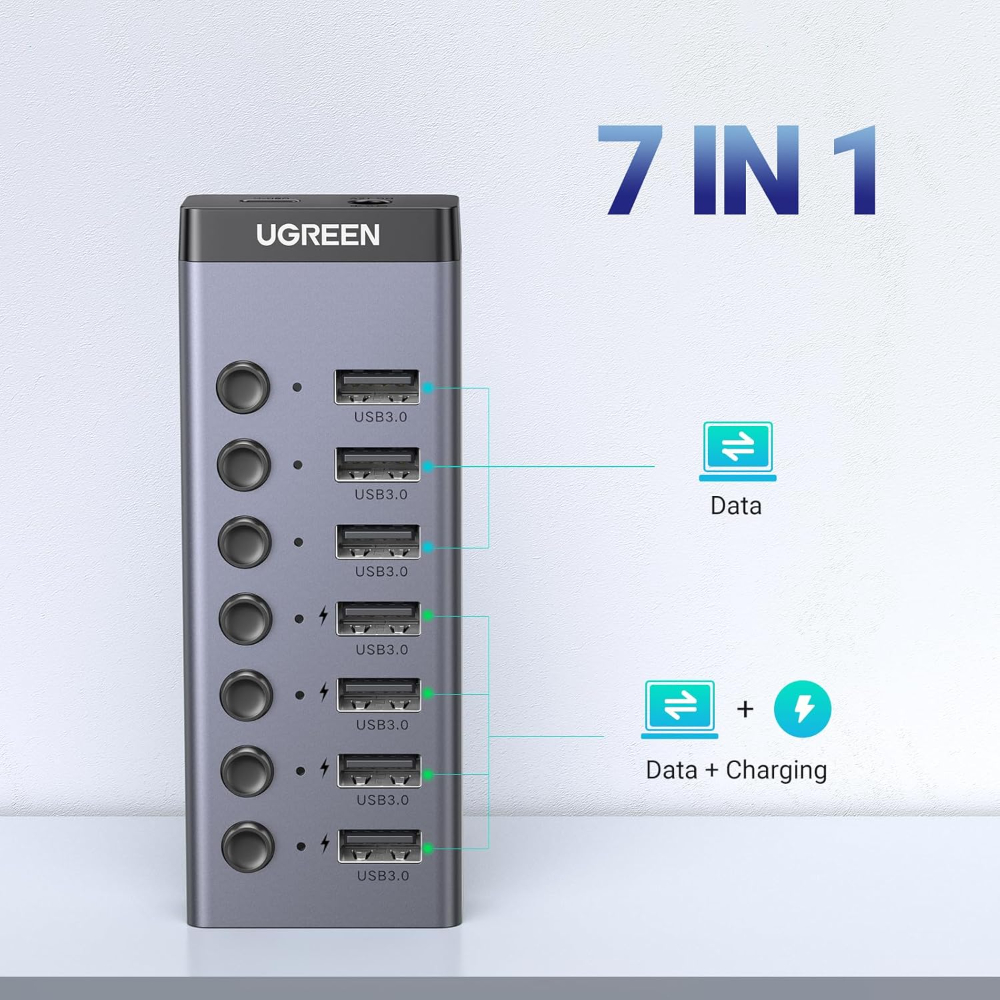 UGREEN Powered USB Hub 3.0, 7-Port USB Adapter with 4 Smart Charging Ports, USB Splitter with Individual Led On/Off Switches and Power Adapter, USB Ports Extender for Laptop PC image 2