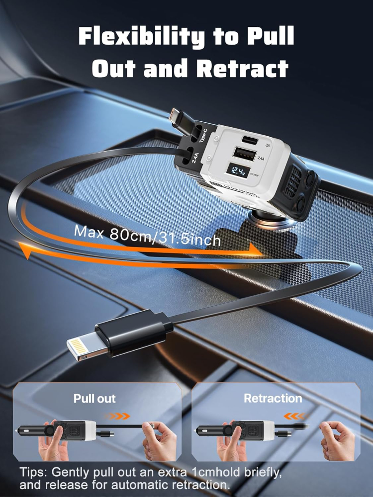 Retractable Car Charger with Retractable Cable (31.5 inch), 4 in 1 Super Fast Car Phone Charger, 2 USB Ports Adapter