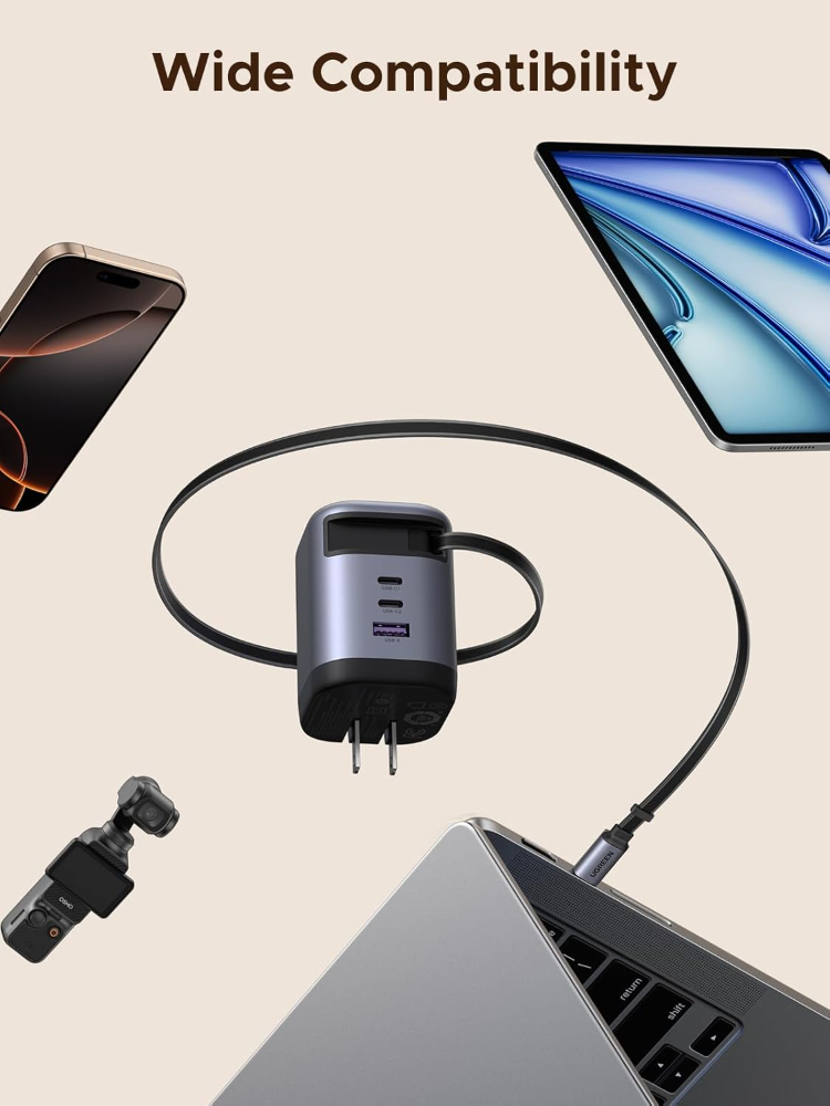 UGREEN Nexode 100W GaN USB C Retractable Charger with Built-in Cable, 3-Port Fast Charging Wall Adapter for Laptop, MacBook Pro/Air/Neo, iPhone 17/16, Galaxy S26, Pixel, iPad, image 4