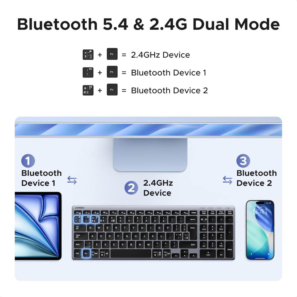 UGREEN Wireless Bluetooth Keyboard Slim Rechargeable Multi-Device with BT and 2.4G | Works with PC, Mac, Tablet and Phone, Switch Between 3 Devices, for Home and Office image 2