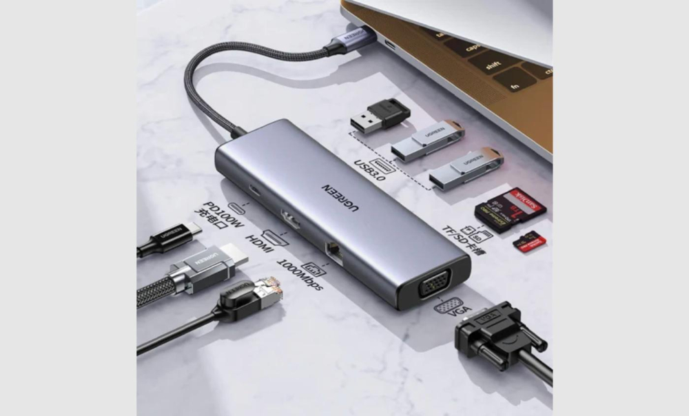 Ugreen 9-in-1 USB-C Multifunction Adapter, USB-C to USB3.0 (2 Port) + USB-C (2 port) + 4K HDMI + RJ45 Ethernet + SD & TF + PD port Converter