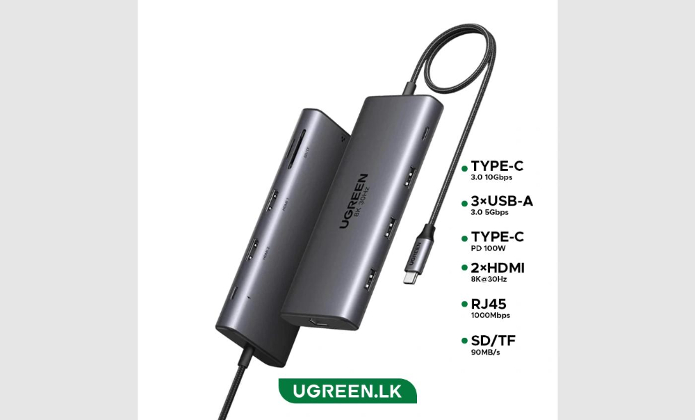 Ugreen 10-in-1 USB-C Multifunction Adapter, USB-C to USB3.0 (1 port) + USB2.0 (2 port) +USB-C 3.0 (1 port) + 4K HDMI (2 Port) + RJ45 Gigabit + SD & TF +PD port Converter