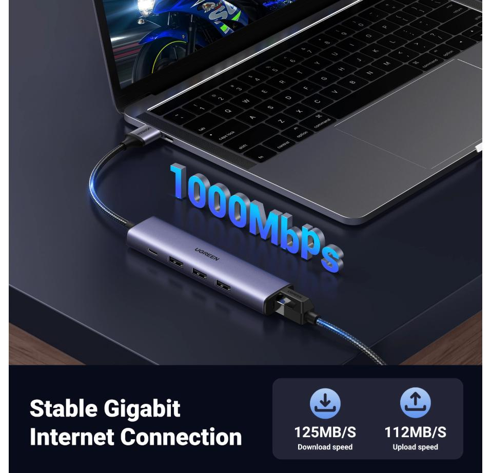 UGREEN USB 3.0 Hub with 3 USB 3.0 Ports and Gigabit Ethernet Adapter image 2