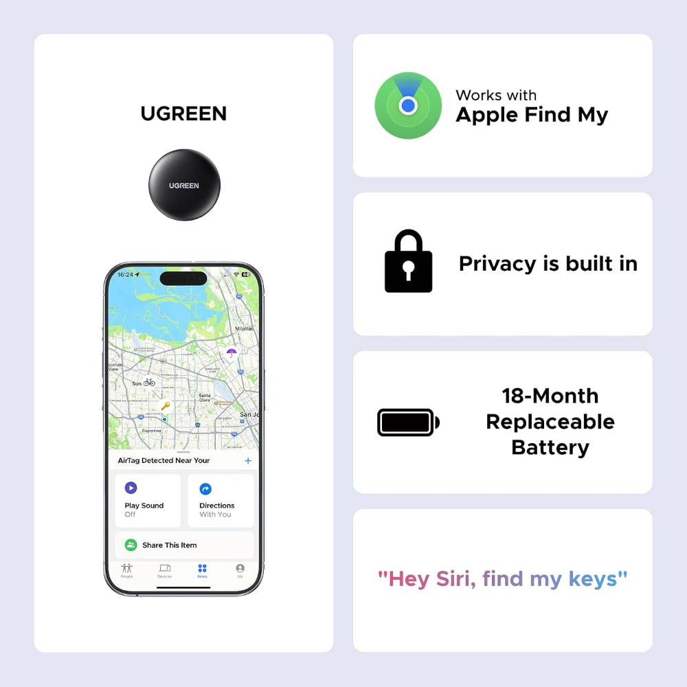 UGREEN FineTrack Mini Tracker Tag for Apple Find My, Replaceable Battery iOS only, Tracker Tag, 18-Month Replaceable Battery, 80dB Volume, Bluetooth Finder for Keys, Wallet, Luggage, Tag Holder image 6