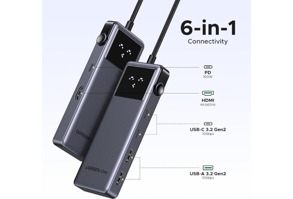 UGREEN Uno 6-in-1 USB-C Docking Station with HDMI, 100W PD, 2 USB-C and 2 USB-A 3.2 Ports image 2