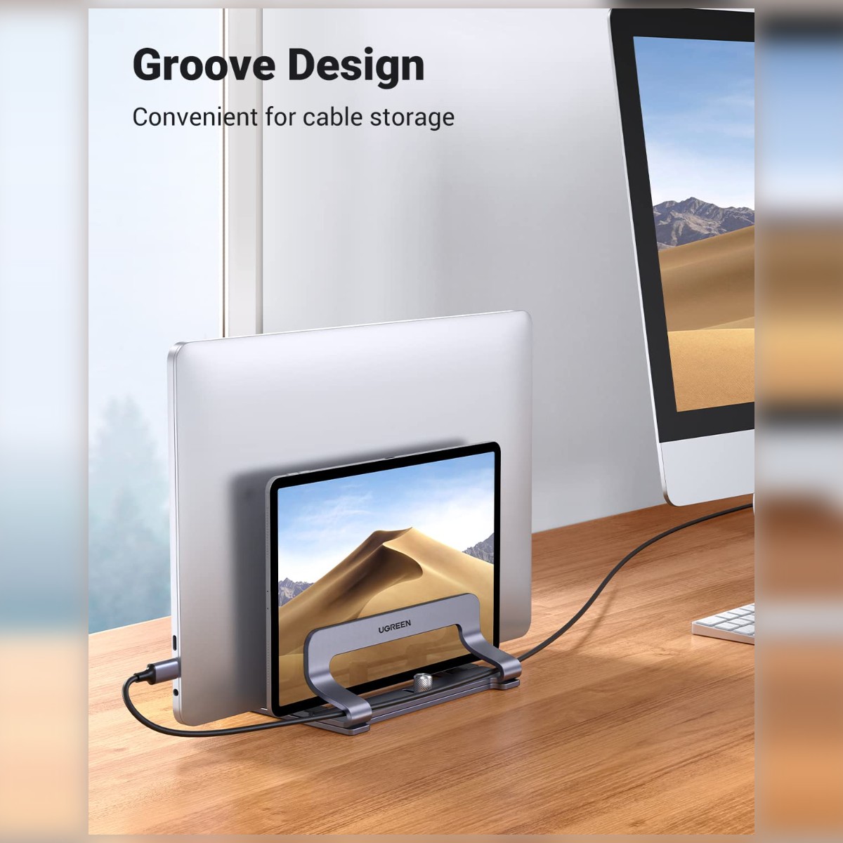 UGREEN Dual-Slot Vertical Laptop Stand, Upright Storage for Two Devices to Free Desk Space image 3