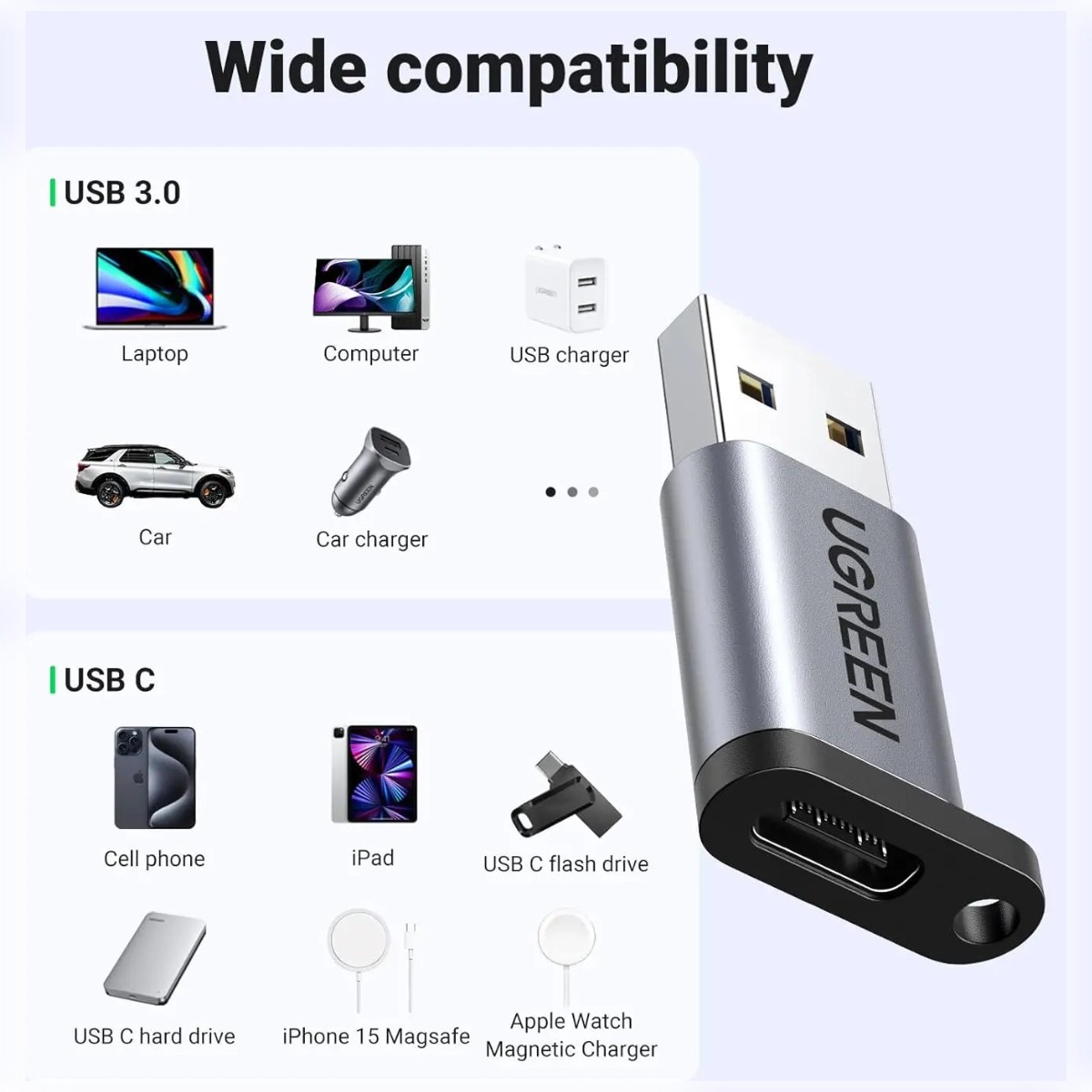 UGREEN 10Gbps USB-A 3.0 Male to USB-C 3.1 Female Adapter, Connect Compatible USB Devices image 3