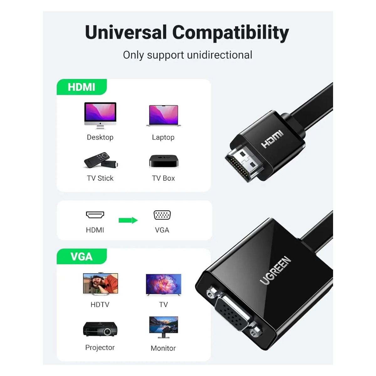 UGREEN HDMI to VGA+HDMI+3.5mm Converter, For Compatible Monitor & Display Connections image 7