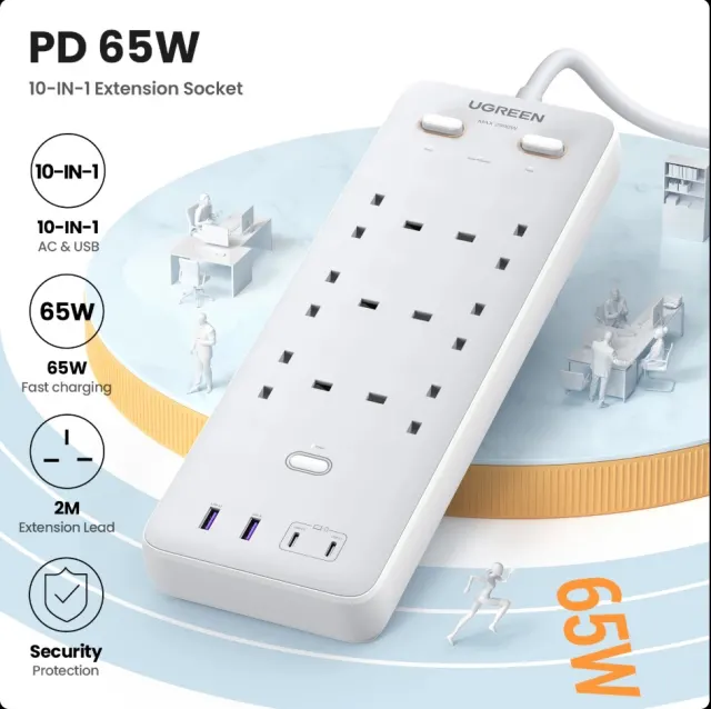 UGREEN 65W 10-in-1 Extension Cord with 4 USB Slots, Power Strip Surge Protector with 6-Way Multi-plug USB Charger Socket Smart Charging Station 2M Extension Cable