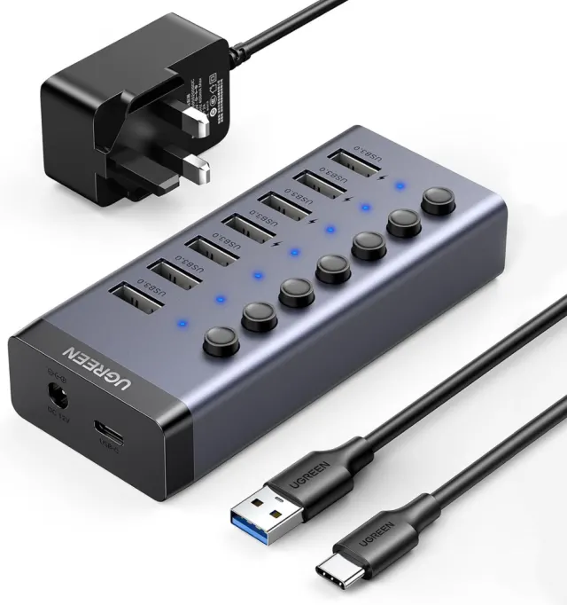 UGREEN Powered USB 3.0 Hub, 7-Port USB Adapter with 4 Smart Charging Ports, USB Splitter with Individual Led On/Off Switches and Power Adapter